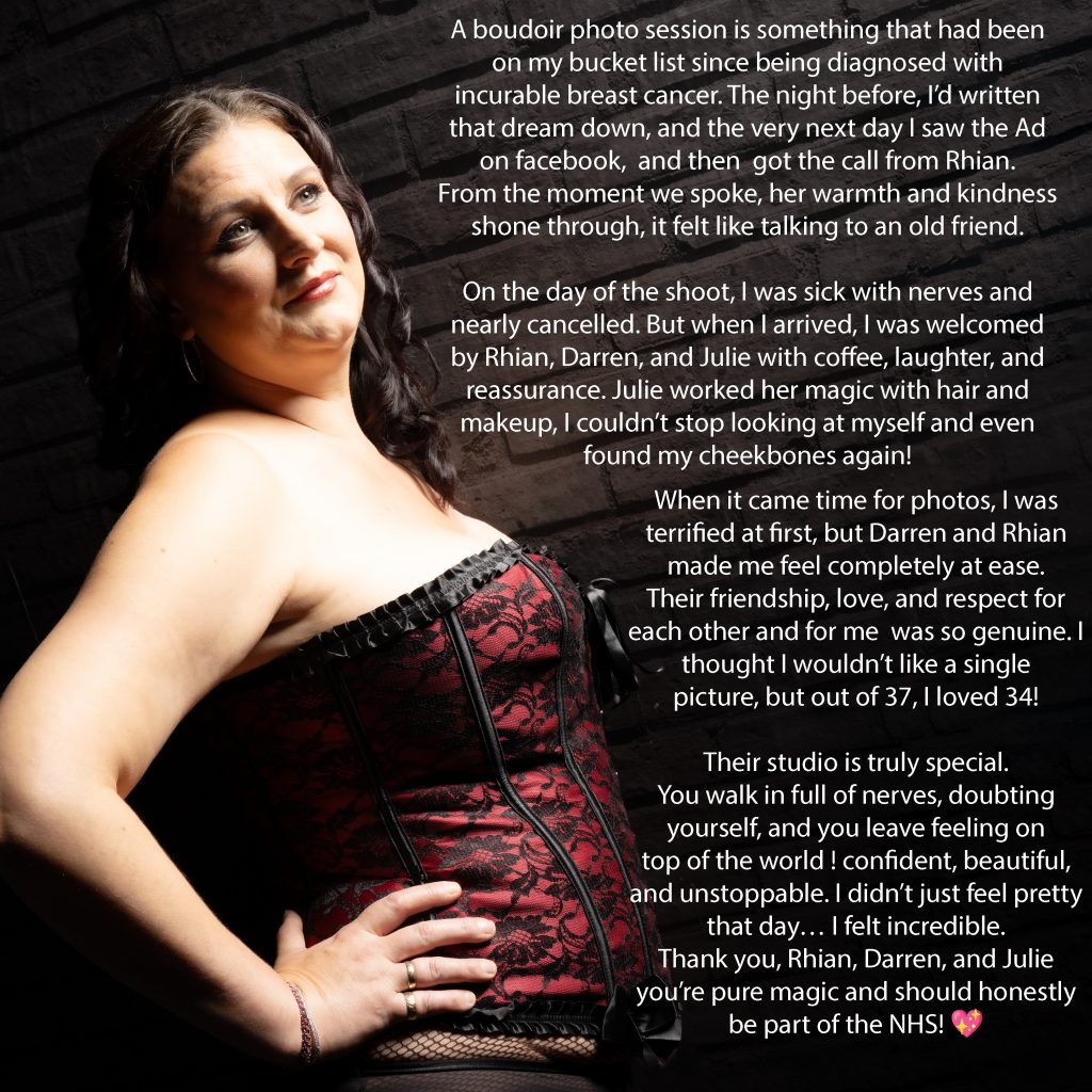 A woman with incurable breast cancer wearing a black basque with red detail poses gracefully in a boudoir photoshoot, radiating strength, beauty, and confidence."All I wanted was to feel pretty. I now don’t feel pretty — I feel incredible!"
